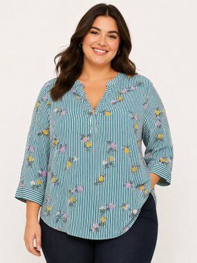 Torrid Harper Blouse Size 3 Plus Teal White Striped Floral Metallic 3/4 Sleeve T